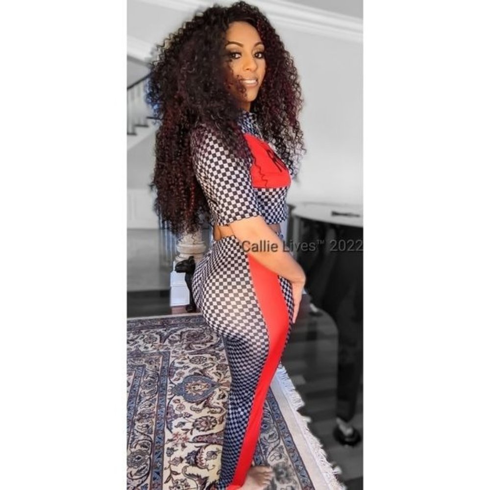 Miz Red Royalty Checkered Black & Gray Crop Top & Bodycon Legging Set XL - Picture 4 of 7